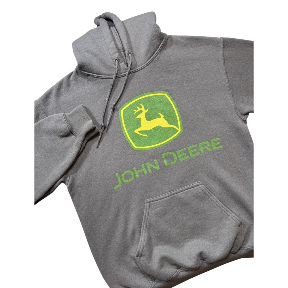 John Deere Mens Small Gray Logo Pullover Hoodie Sweatshirt Tractor -2267